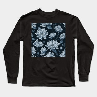 Sky Blue Flower Pattern on Black Long Sleeve T-Shirt